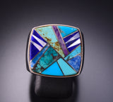 Size 9-3/4 Silver & Turquoise Navajo Mens Ring by Evangeline Davis 3G03B