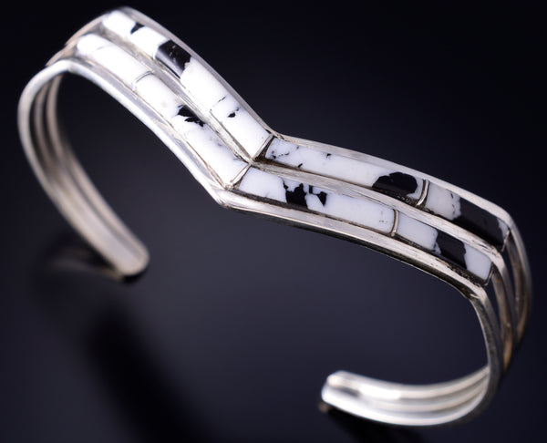 Silver & White Buffalo Turquoise Navajo Inlay Bracelet by Jamie Johnson 5L20P