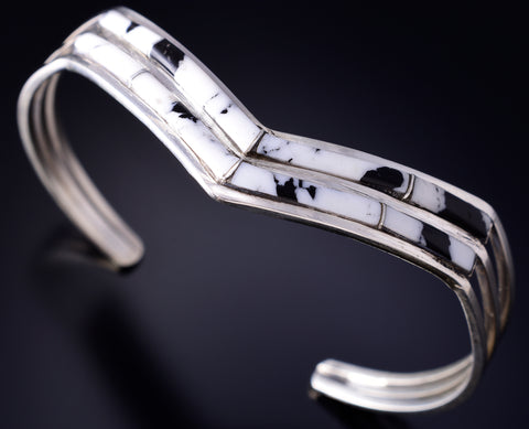 Silver & White Buffalo Turquoise Navajo Inlay Bracelet by Jamie Johnson 5L20P