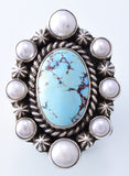 Size 8-1/2 Silver & Golden Hills Turquoise & Fresh Water Pearl Navajo Ring by Erick Begay 3H19F