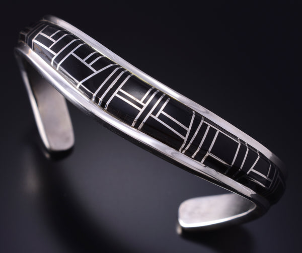 Vintage Silver & Jet Navajo Inlay Sweater Bracelet by Jerry T. Nelson 5J29V