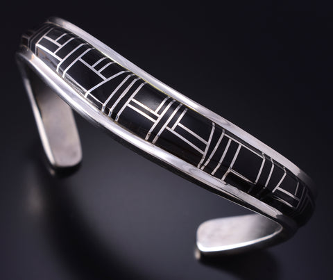 Vintage Silver & Jet Navajo Inlay Sweater Bracelet by Jerry T. Nelson 5J29V