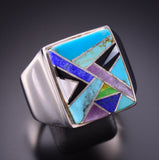 Size 13-3/4 Silver & Turquoise Multistone Navajo Inlay Mens Ring by Evangeline Davis 3F22W