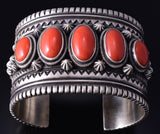Silver & Mediterranean Coral Row Navajo Handmade Bracelet by Erick Begay 5H01A