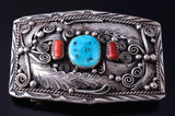 Vintage Silver & Turquoise w/ Coral Navajo Feathers Buckle - Justin Morris 5H21Q