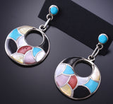 Silver & Turquoise Multistone Zuni Inlay Dangle Earrings by Oreena Leekya 6D07G