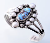 Silver & Golden Hills Turquoise & Fresh Pearl Navajo Bracelet by Erick Begay 3H19Q