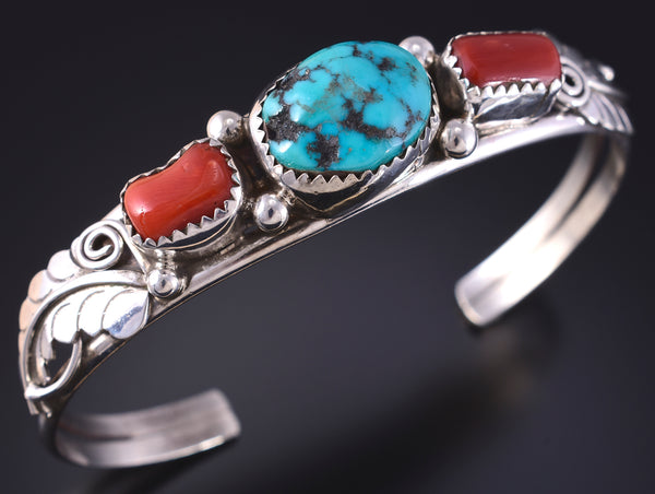 Vintage Silver & Turquoise w/ Coral Navajo Bracelet by R. Francisco 5K10E