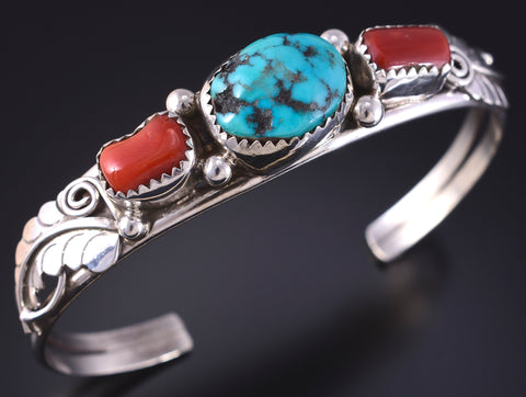 Vintage Silver & Turquoise w/ Coral Navajo Bracelet by R. Francisco 5K10E