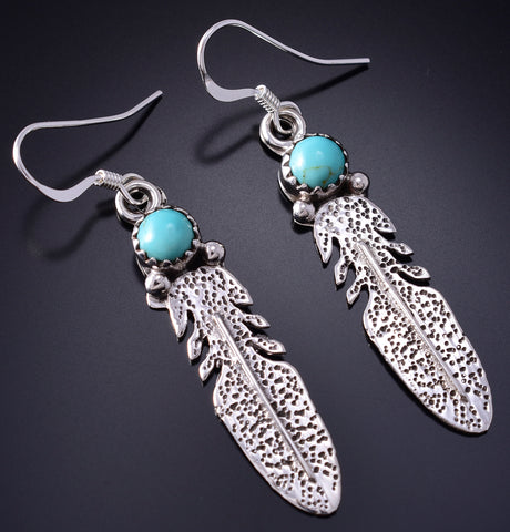 Silver & Turquoise Navajo Handmade Eagle Feather Earrings Sharon McCarthy 5G18B