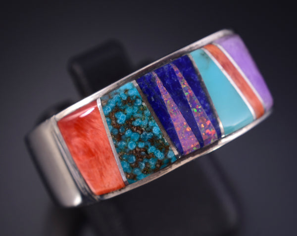 Size 11-3/4 Silver & Turquoise Multistone Navajo Inlay Mens Ring - Aldora Henry 5L05K