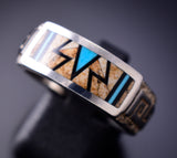 Size 9-3/4 Silver & Turquoise Multistone Navajo Inlay Ring by Rick Tolino 6F17A