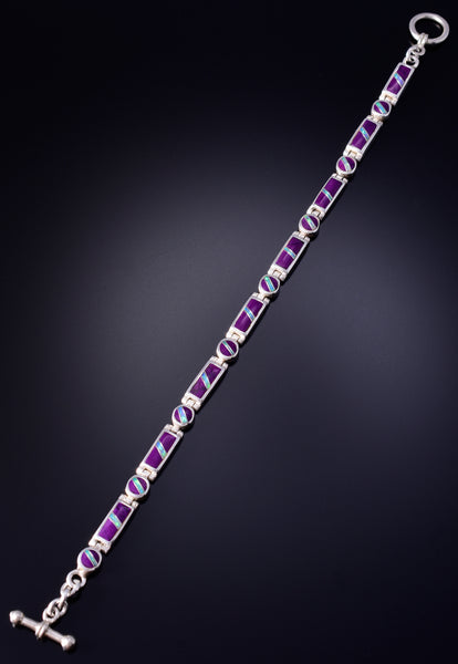 Vintage Silver Sugilite & Opal Navajo Inlay Link Bracelet 5L17N