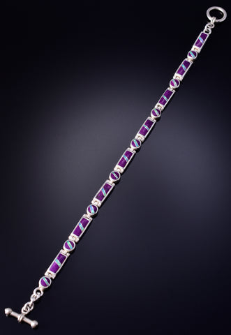 Vintage Silver Sugilite & Opal Navajo Inlay Link Bracelet 5L17N