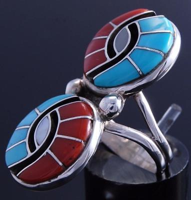 Size 5-1/2 Silver Turquoise Coral Zuni Inlay Double Hummingbird Ring Amy 7H13R