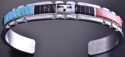 Silver & Turquoise Multistone Zuni Inlay Sunface Bracelet by Don Dewa 8J15H