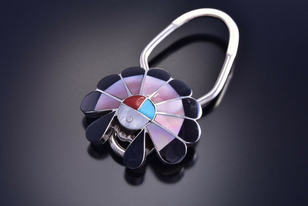 Silver Multistone Zuni Sunface Inlay Key Chain by Denise Siutza - 9J15R