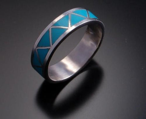 Size 7-3/4 - Lovely All Natural Turquoise Inlay Silver Band - 6K24Q-6