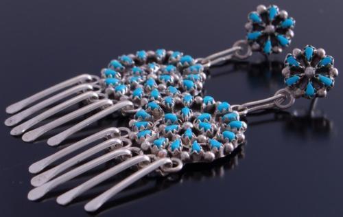 Silver Turquoise Petty Point Circle Dangel Zuni Earrings by Tricia Leekity 7A28J