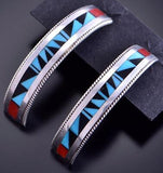 Silver & Turquoise Multistone Zuni Inlay Half Hoop Earrings Phil Weahkee 2H03N