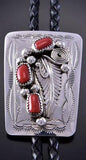 Silver & Mediterranean Coral Feather Navajo Bolo Tie by Wilbert Meyers 2B11K