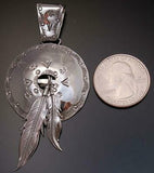 All Silver Native Shield Pendant with Eagle Feathers by Roger Pino - 1J14V