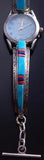 Silver Turquoise Multistone Inlay Women's Watch Bracelet by Leander Dawes 7B14Z