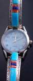 Silver Turquoise Multistone Inlay Women's Watch Bracelet by Leander Dawes 7B14Z