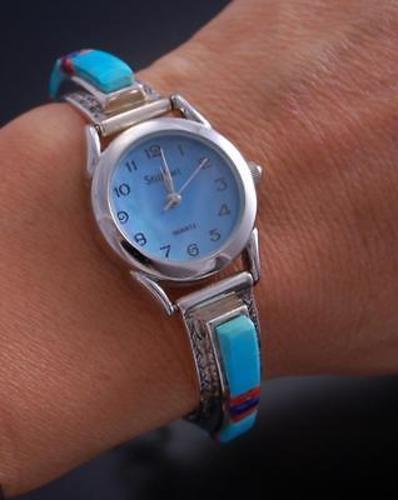 Silver Turquoise Multistone Inlay Women's Watch Bracelet by Leander Dawes 7B14Z