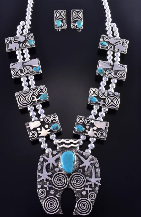 Silver & Turquoise Navajo Squash Blossom & Earring Set by