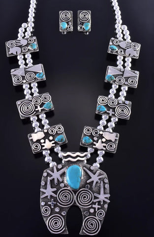 Silver & Turquoise Navajo Squash Blossom & Earring Set by Alex Sanchez 1K18U