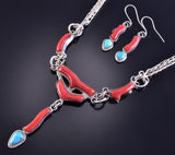 Silver & Turquoise & Coral Zuni Necklace & Earring Set Smokey Gchachu 2E25N