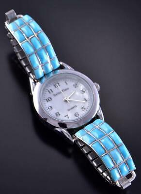 Silver & Turquoise Zuni Inlay Square Stone Watch by Caroline Malani 1L12E