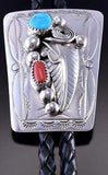 Silver & Turquoise & Coral Feathers Navajo Bolo Tie by Wilbur Myers 1G01V