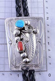 Silver & Turquoise & Coral Feathers Navajo Bolo Tie by Wilbur Myers 1G01V