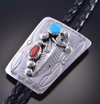 Silver & Turquoise & Coral Feathers Navajo Bolo Tie by Wilbur Myers 1G01V