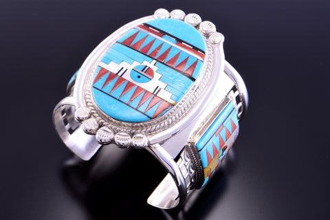 Silver & Turquoise Multistone Zuni Inlay Sunface Bracelet by Patty Edaakie 2L08M