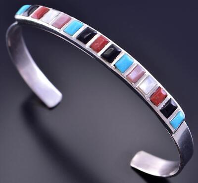 Silver & Turquoise Multistone Zuni Inlay Row Bracelet by Mira Payesnta 2F23S