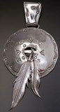 All Silver Native Shield Pendant with Eagle Feathers by Roger Pino - 1J14V