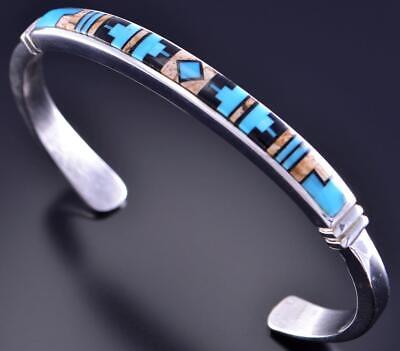 Silver & Turquoise Multistone Navajo Inlay Bracelet by Rick Tolino 2F15G