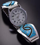 Silver & Turquoise Zuni Inlay Hummingbird Design Men's Watch by Amy Wesley ZA08R