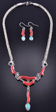 Silver & Turquoise & Coral Zuni Necklace & Earring Set Smokey Gchachu 2E25N