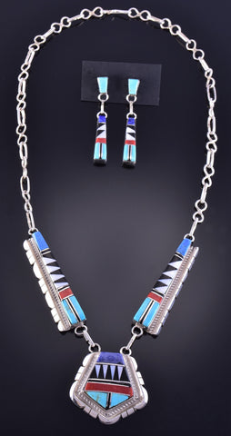 Silver Multistone Zuni Inlay Necklace & Earring Set by Elena Panchella 2F24Y