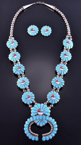 Silver Multistone Zuni Sunface Squash Blossom Necklace & Earring Set by Marisa Selecion 2F28E