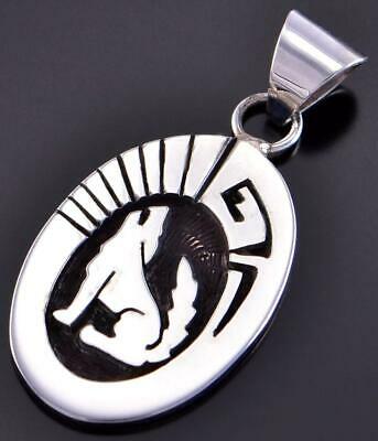Silver Navajo Handmade Howling Wolf Pendant by Calvin Peterson 1L02Q