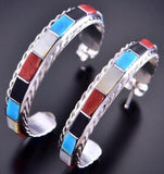 Silver & Turquoise Multistone Zuni Inlay Hoop Earrings by Malcolm Chavez 2H03O