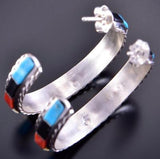 Silver & Turquoise Multistone Zuni Inlay Hoop Earrings by Malcolm Chavez 2H03O