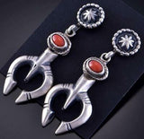 Silver & Coral Navajo Handmade Naja Earrings by Annie Spencer 2A25Y