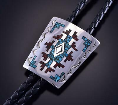 Silver & Turquoise & Coral Navajo Chip Inlay Rug Bolo Tie by Jolene Yazzie ZK25C