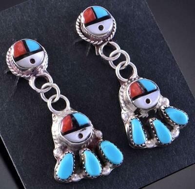 Silver & Turquoise Multistone Zuni Inlay Sunfaces Earrings Emerson Vallo 2A25G